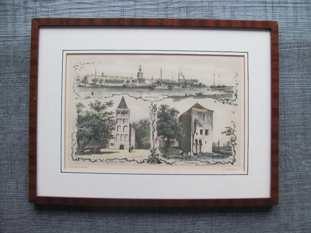 Zutphen - antieke lithografie, Antiek en Kunst, Kunst | Etsen en Gravures, 33 cm, Stadsgezicht, Ophalen of Verzenden, Ingelijst