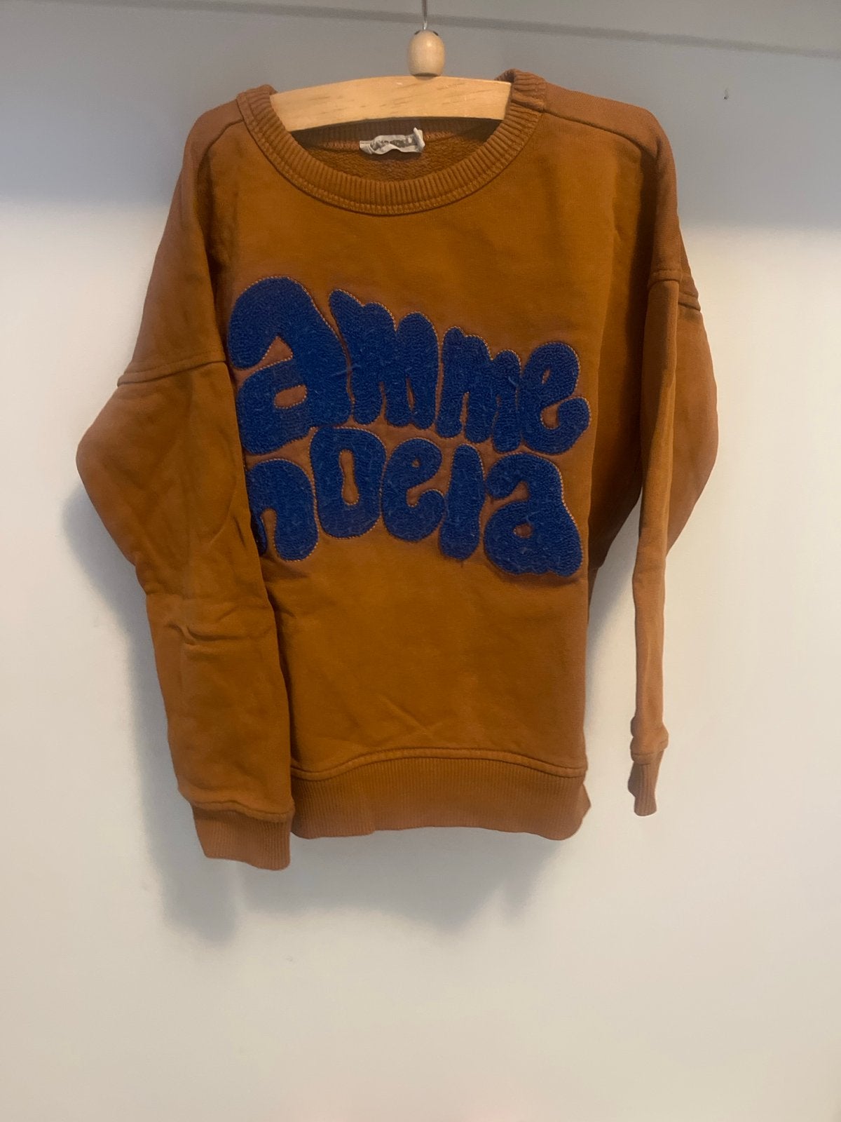 Bruine sweater met blauwe opdruk - Ammehoela, Ophalen of Verzenden, Gebruikt, Jongen of Meisje, Trui of Vest