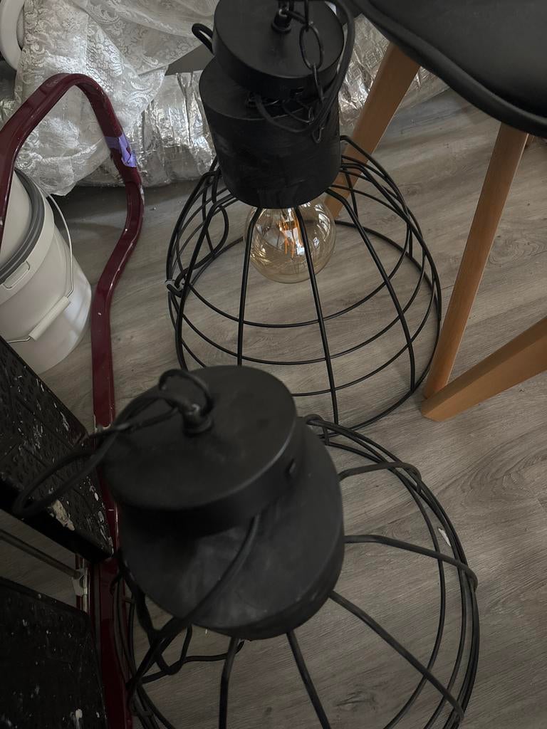 Set van 2 industriële hanglampen met kooikap, Ophalen of Verzenden, Gebruikt