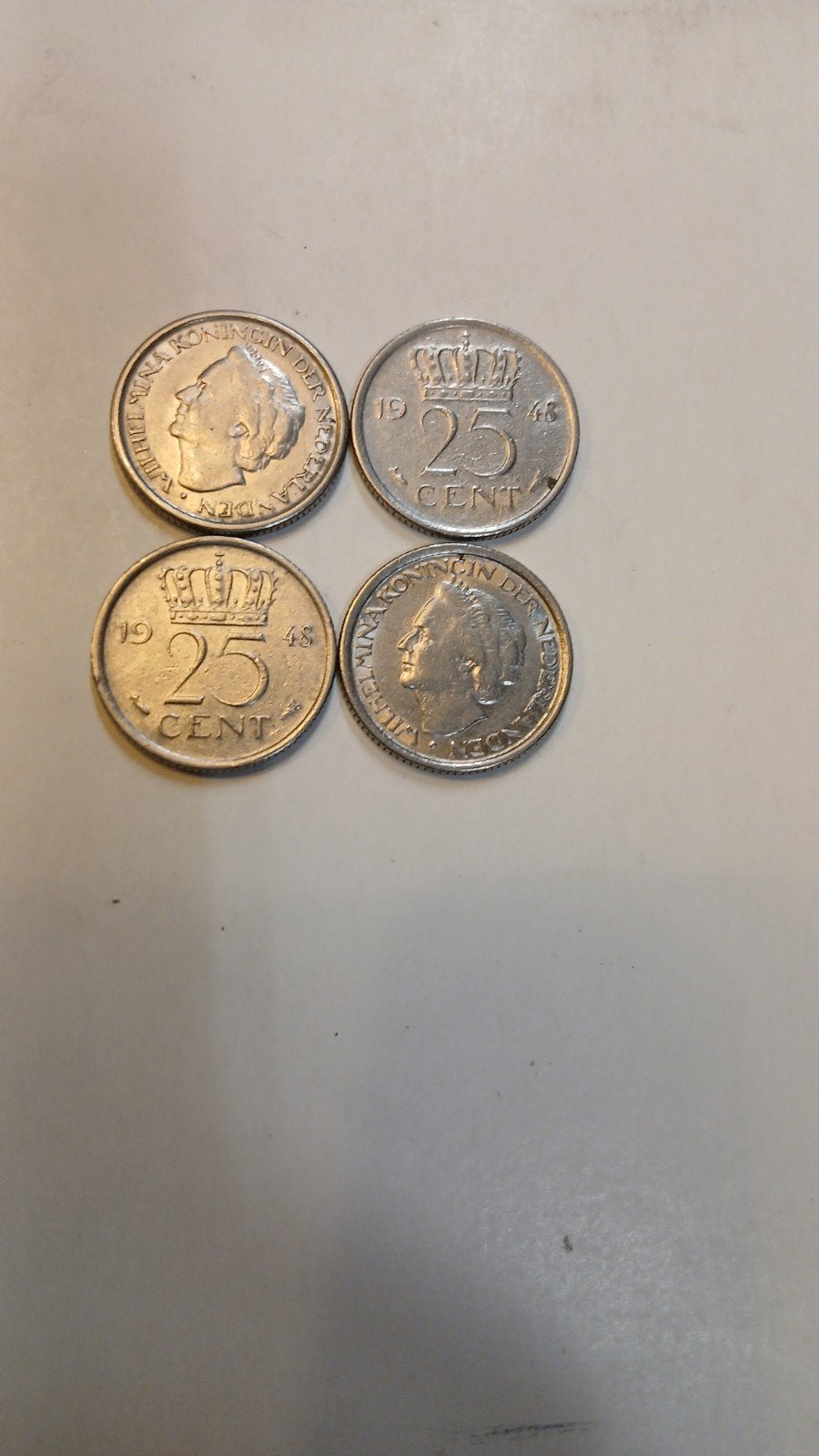 Wilhelmina Kwartjes 1948 - Set van 4, Postzegels en Munten, Ophalen, Koningin Wilhelmina, 25 cent, Losse munt