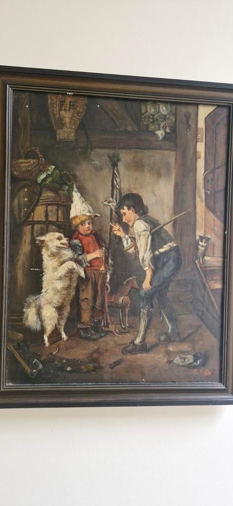 Antiek Schilderij: Kinderen met Hond en Kat, Antiek en Kunst, Ophalen of Verzenden