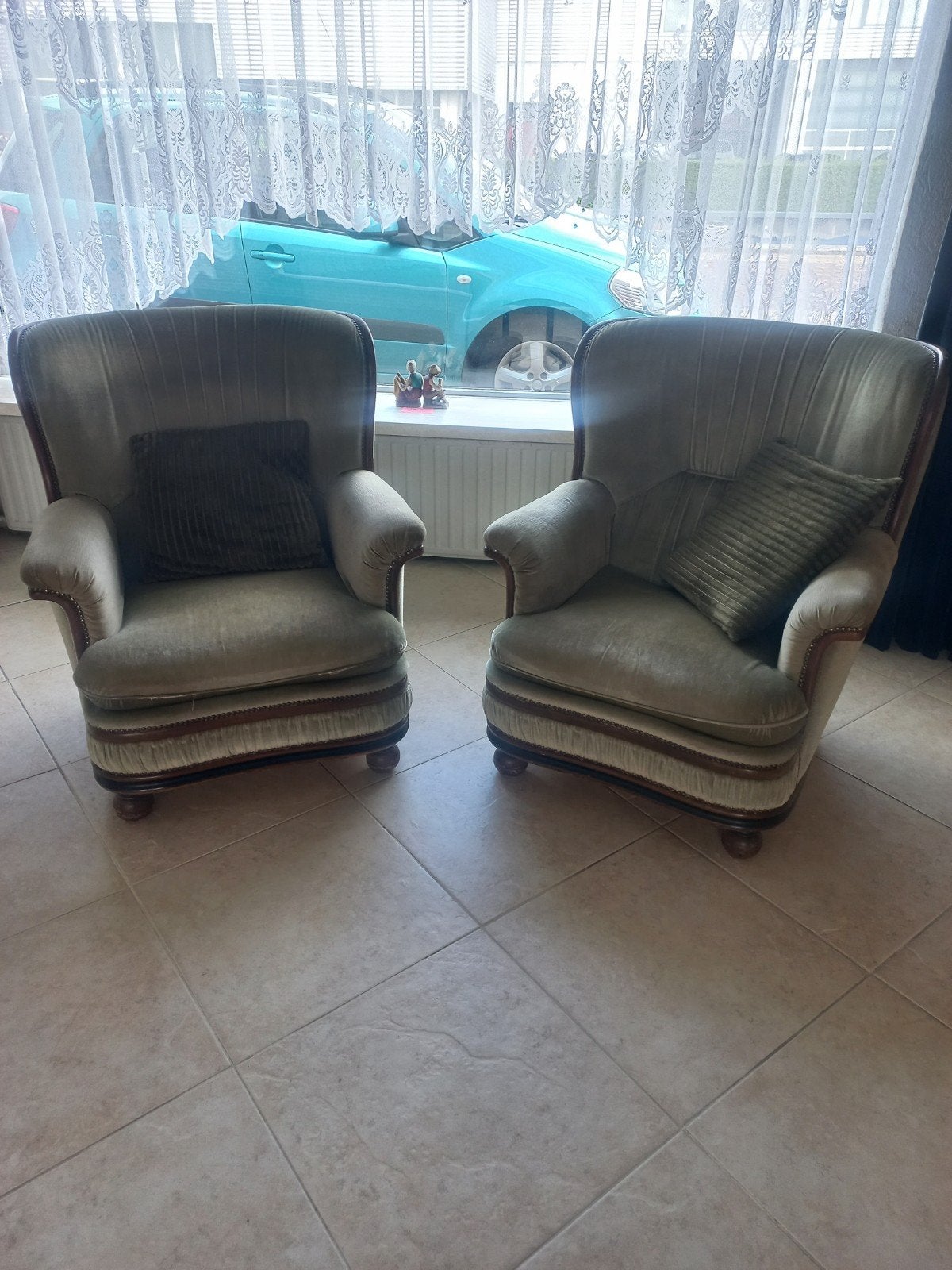 Set van 2 vintage fauteuils in groen fluweel, Ophalen