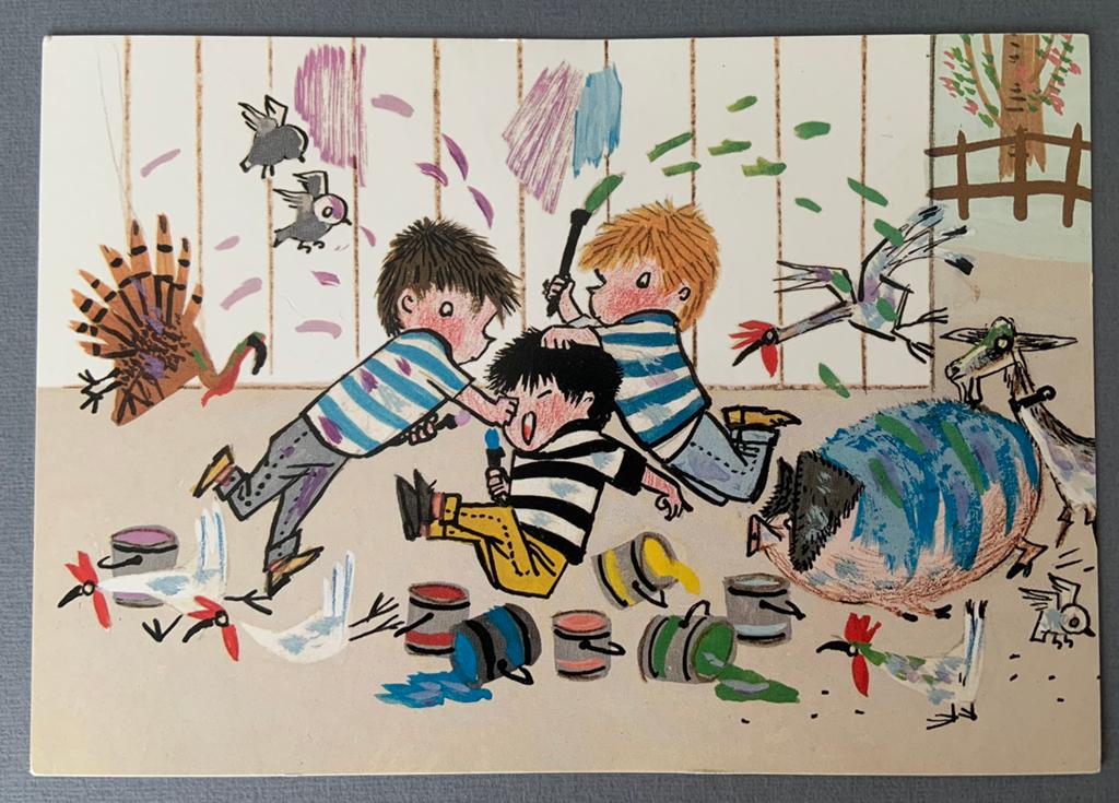 Fiep Westendorp Kaart: Drie Stouterdjes gaan verven, Ophalen of Verzenden, 1980 tot heden, Ongelopen, Kinderen