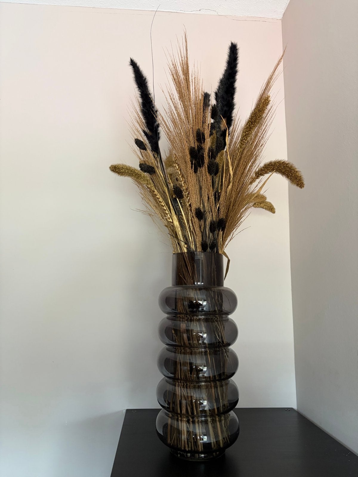 Vaas rookglas inclusief droogbloemen boeket, Ophalen, Inclusief droogbloemen, 35 cm, Grijs
