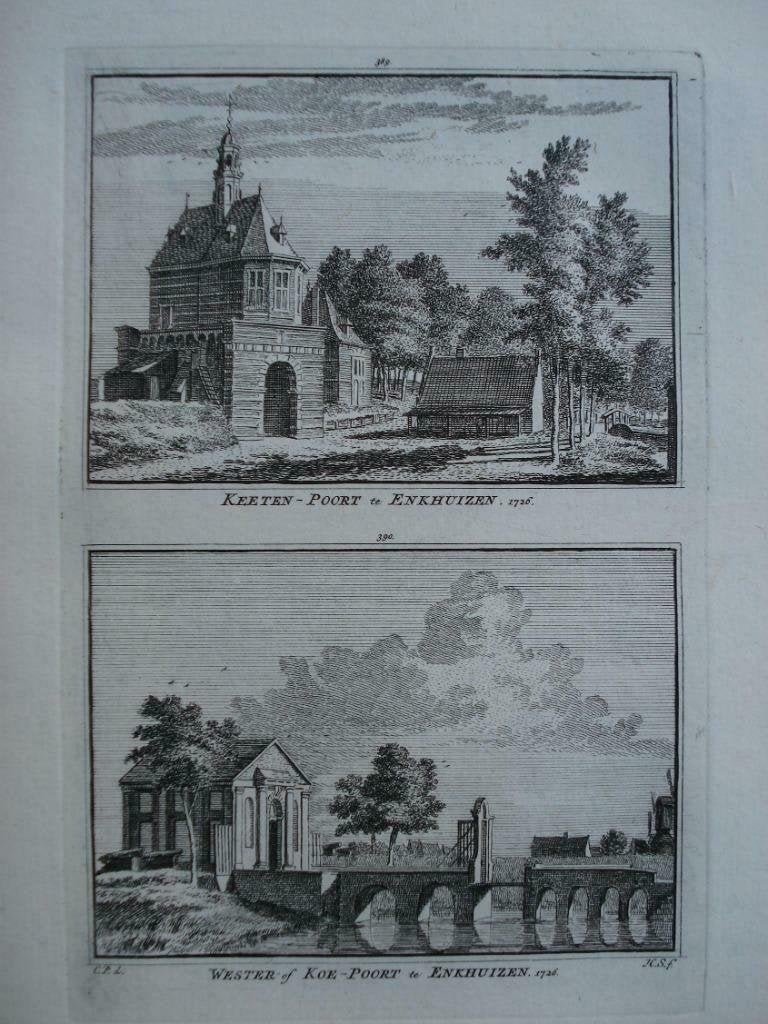 389-390 / Enkhuizen de Keeten en Westerpoort Kopergravure, Antiek en Kunst, Ophalen of Verzenden