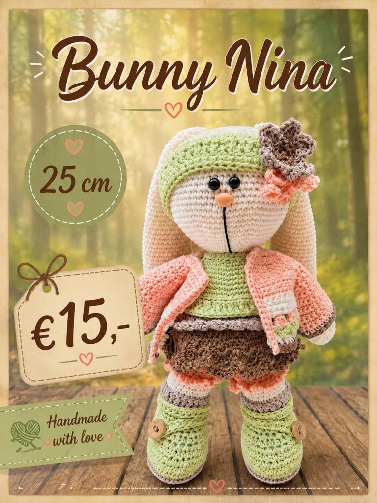 Nieuwe gehaakte knuffel konijn 'Bunny Nina' - 25 cm, Handgemaakt, Ophalen of Verzenden, Middelgroot (20 tot 80 cm), Beige