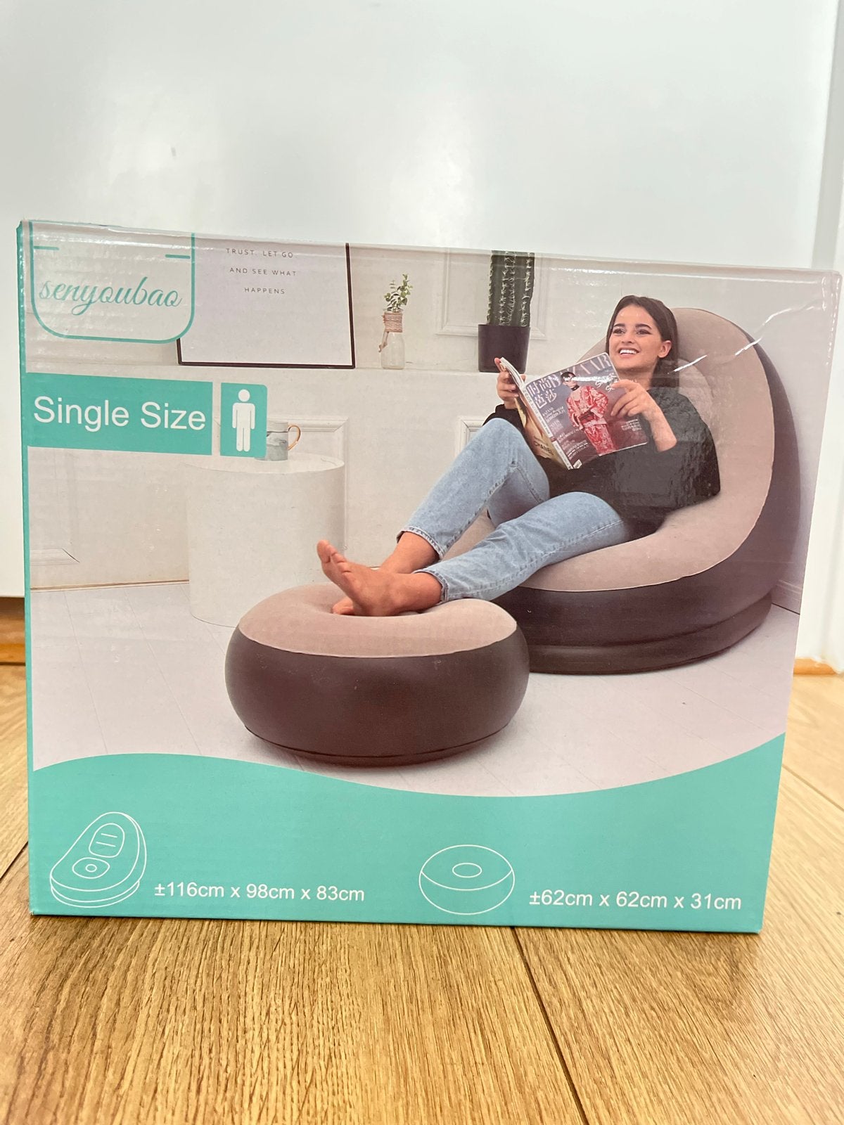 Nieuwe opblaasbare fauteuil met poef en pomp, Kunststof, Eenpersoons, Nieuw, 75 tot 100 cm
