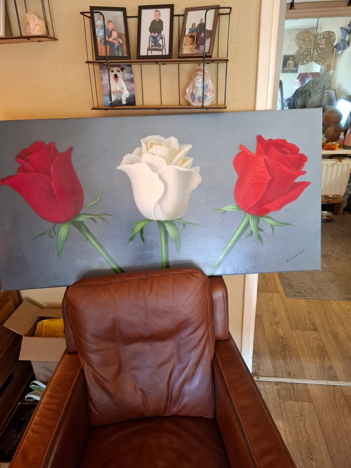 Schilderij met 3 rozen, gesigneerd S. van der Weert, Antiek en Kunst, Kunst | Schilderijen | Klassiek, Origineel werk, Doek, Realistisch