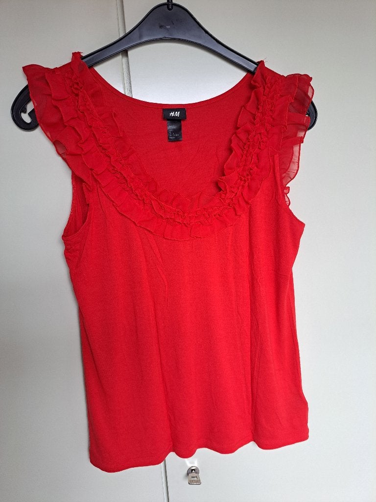 Rode singlet top met ruche, Kleding | Dames, Tops, Zo goed als nieuw, Maat 42/44 (L), Rood, Zonder mouw, Verzenden