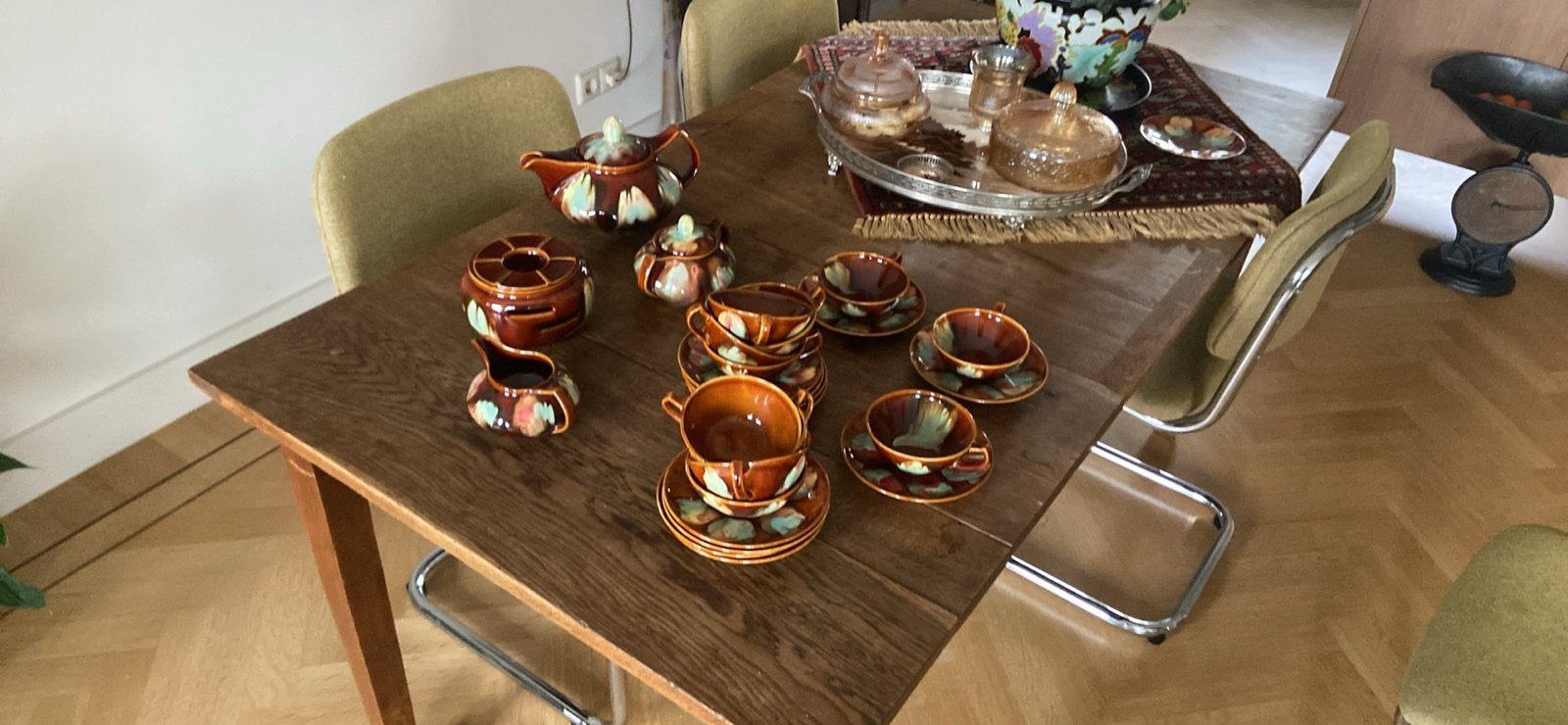 Vintage koffie/theeservies - Bruin/groen keramiek, Ophalen