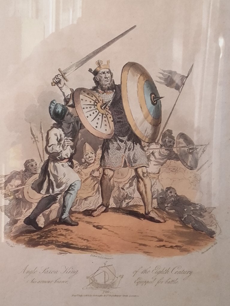 Anglo Saxon King antieke ingelijste ets uit Engeland 41 cm., 1800 - 1899, Ets, Militair, Handgekleurd