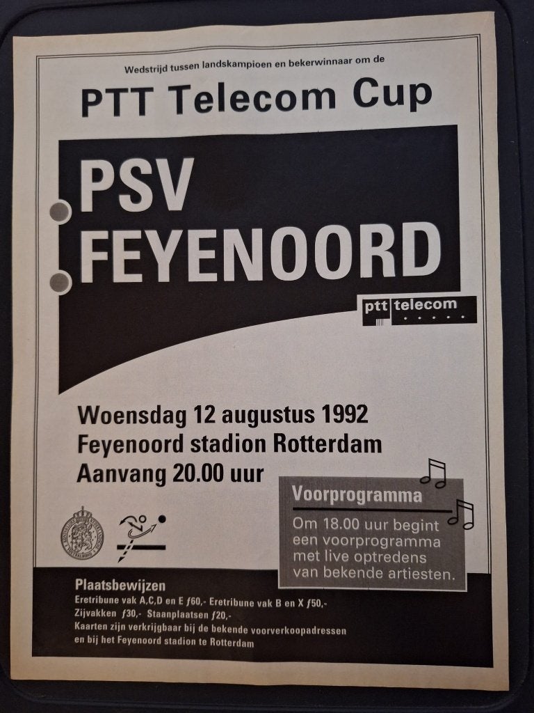 Oude vintage reclame - PSV vs. Feyenoord - PTT Telecom Cup, Ophalen of Verzenden, Gebruikt, Feyenoord, Poster, Plaatje of Sticker