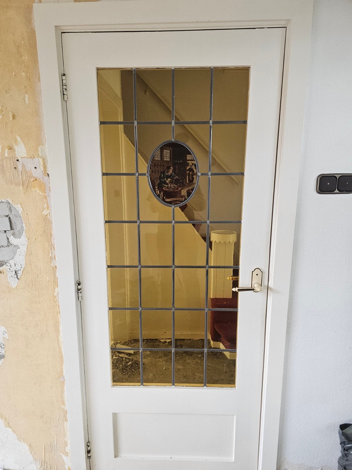 mooi glas en loodraam met gebrandschilderde medaillon, Doe-het-zelf en Verbouw, Deuren en Horren, Ophalen, 80 tot 100 cm, Binnendeur