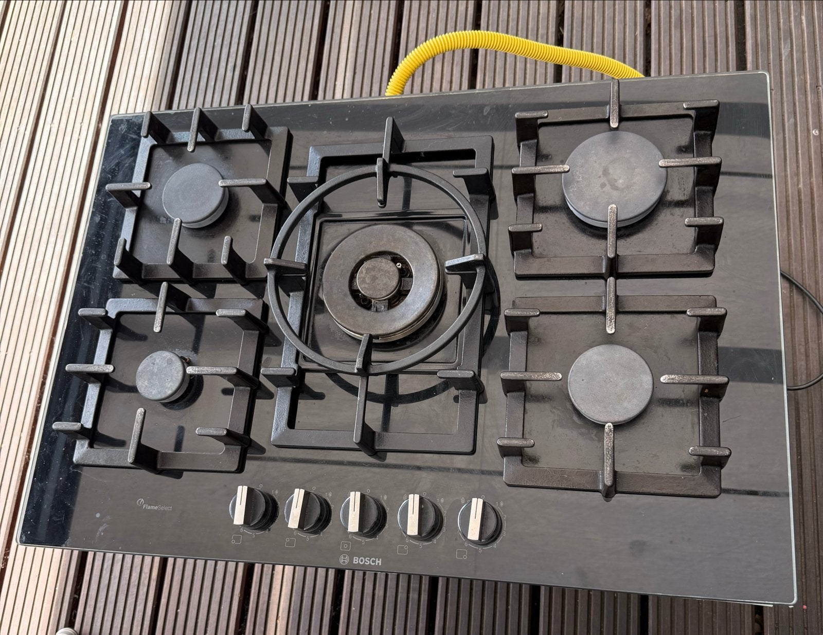 Bosch gaskookplaat 5 branders, wokbrander, zwart glas, Flame, Ophalen, Gebruikt, Minder dan 85 cm, 60 cm of meer