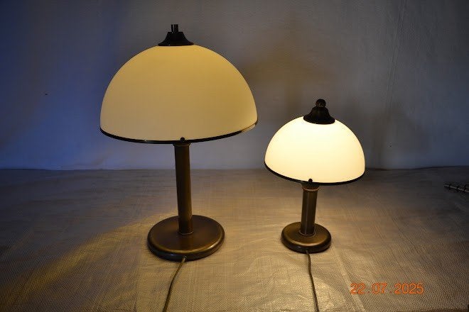 Set van 2 tafellampen met wit-opale glazen kap, Gebruikt, Ophalen of Verzenden, Glas, Design