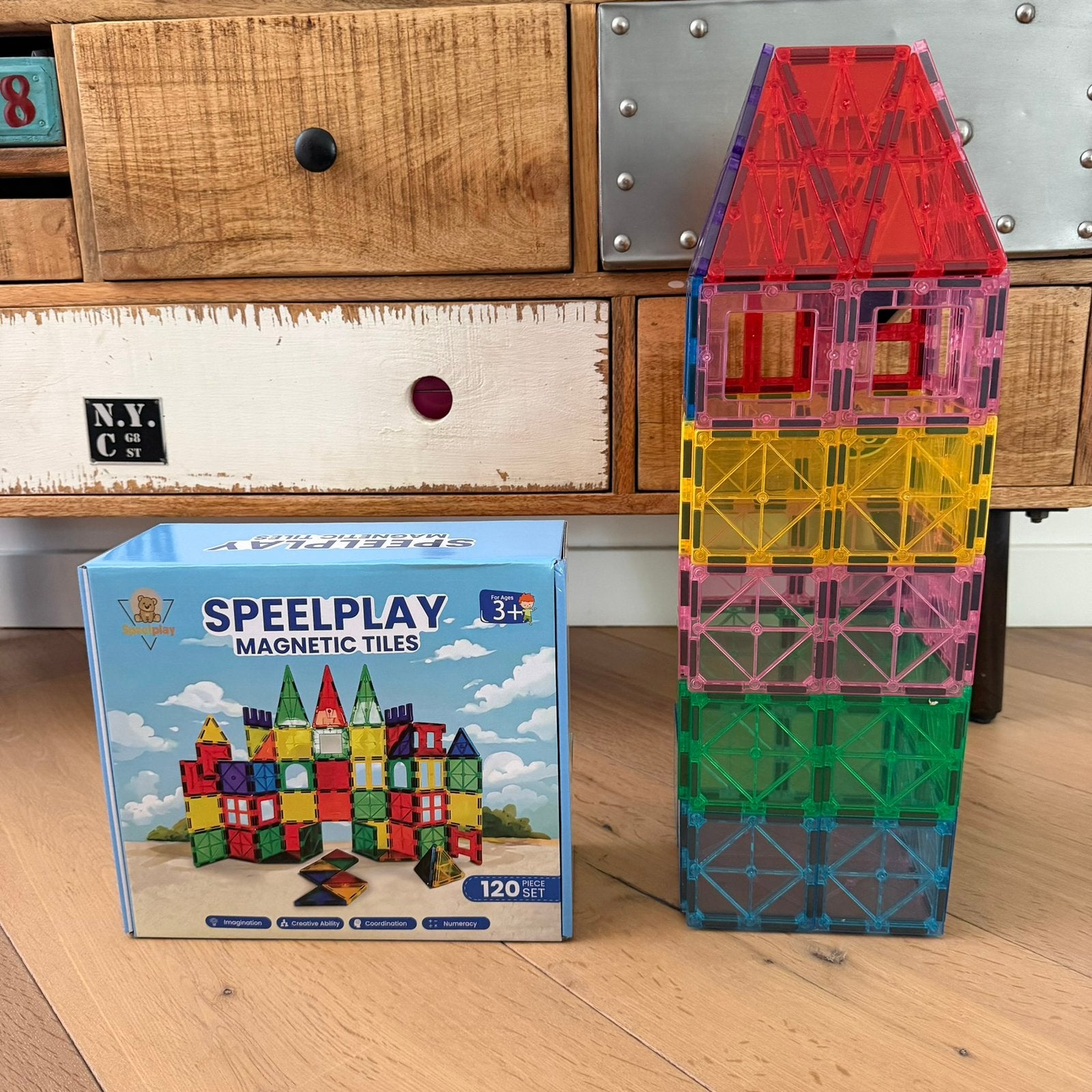 Foto 2 van Magnetic Tiles bouwset 120 stuks + 2 auto’s – Nieuw