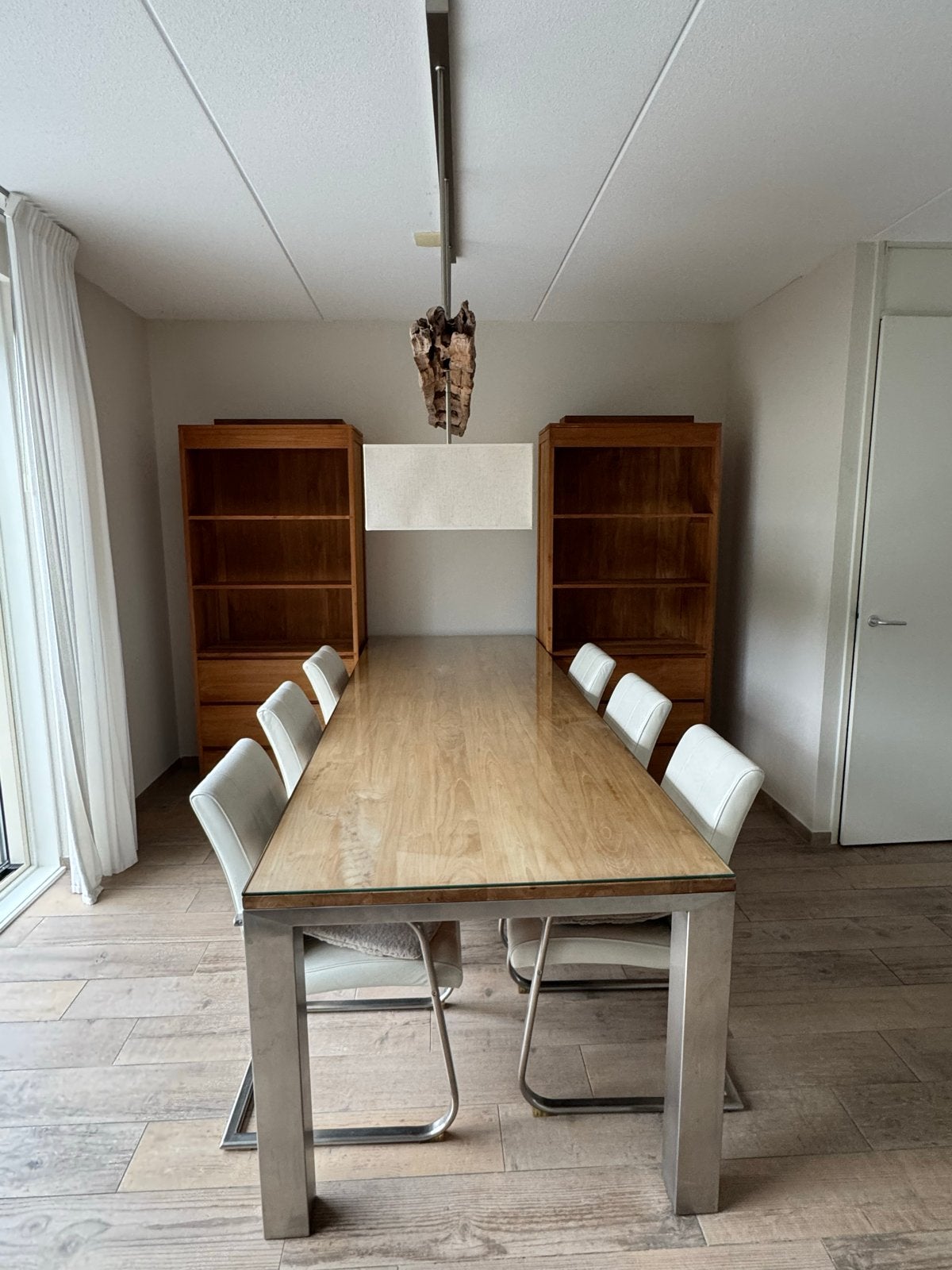 Luxe Custom Teakhouten Tafel met RVS Onderstel en Glasplaat, Ophalen, Gebruikt, 100 tot 150 cm, Teakhout