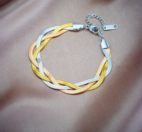 Sieraden set juwelen drie kleuren goud ketting + armband, Ophalen of Verzenden, Nieuw, Goud, Overige materialen