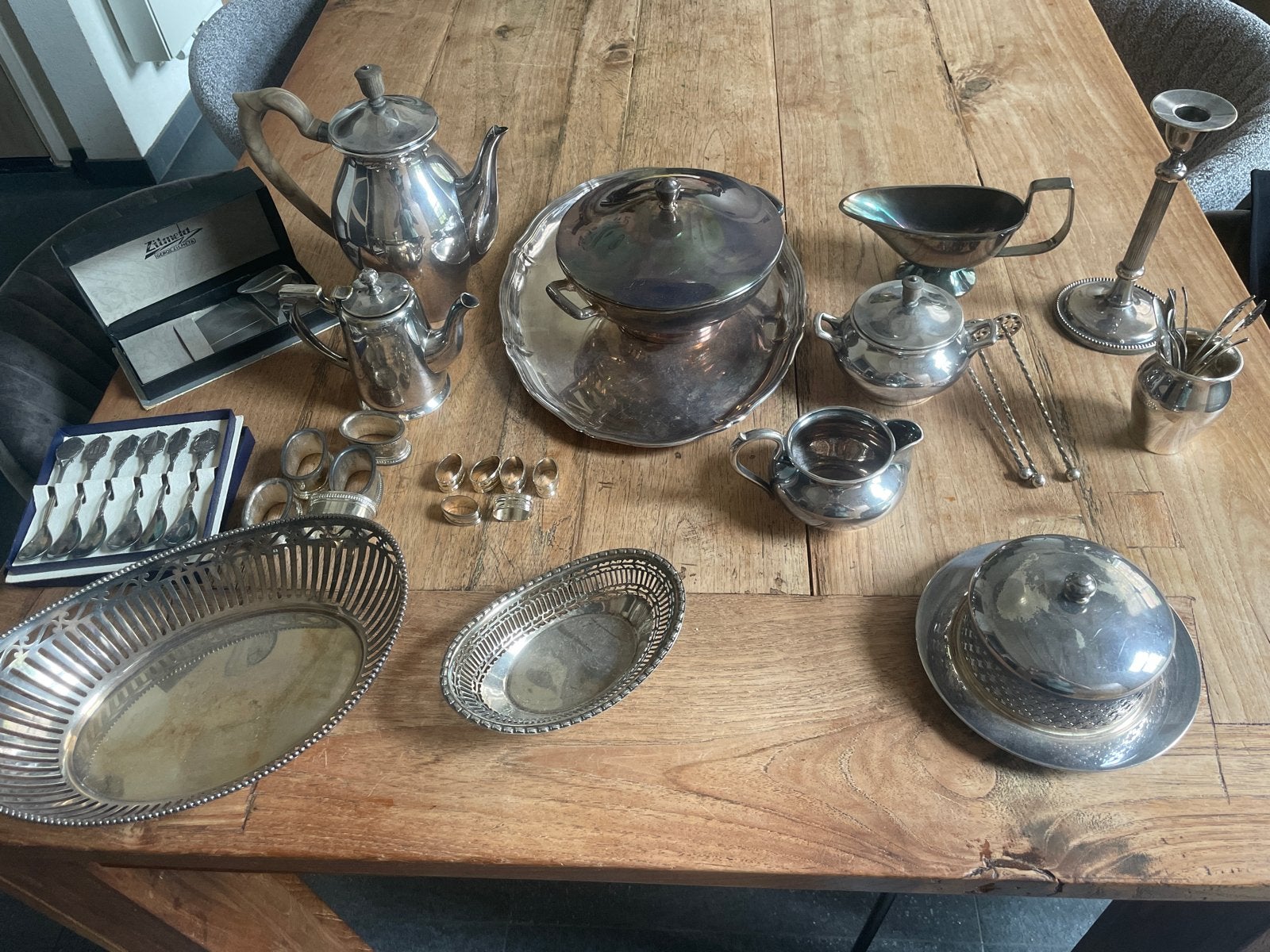 Grote collectie verzilverd servies en bestek, Ophalen, Zilver