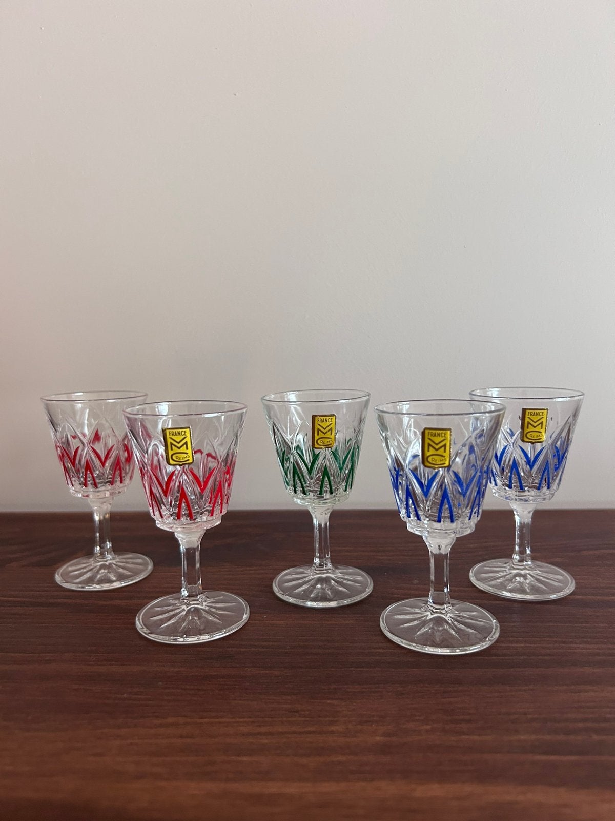 Vintage gekleurde borrelglaasjes – France Reims – Set van 5, Verzamelen, Ophalen of Verzenden, Zo goed als nieuw