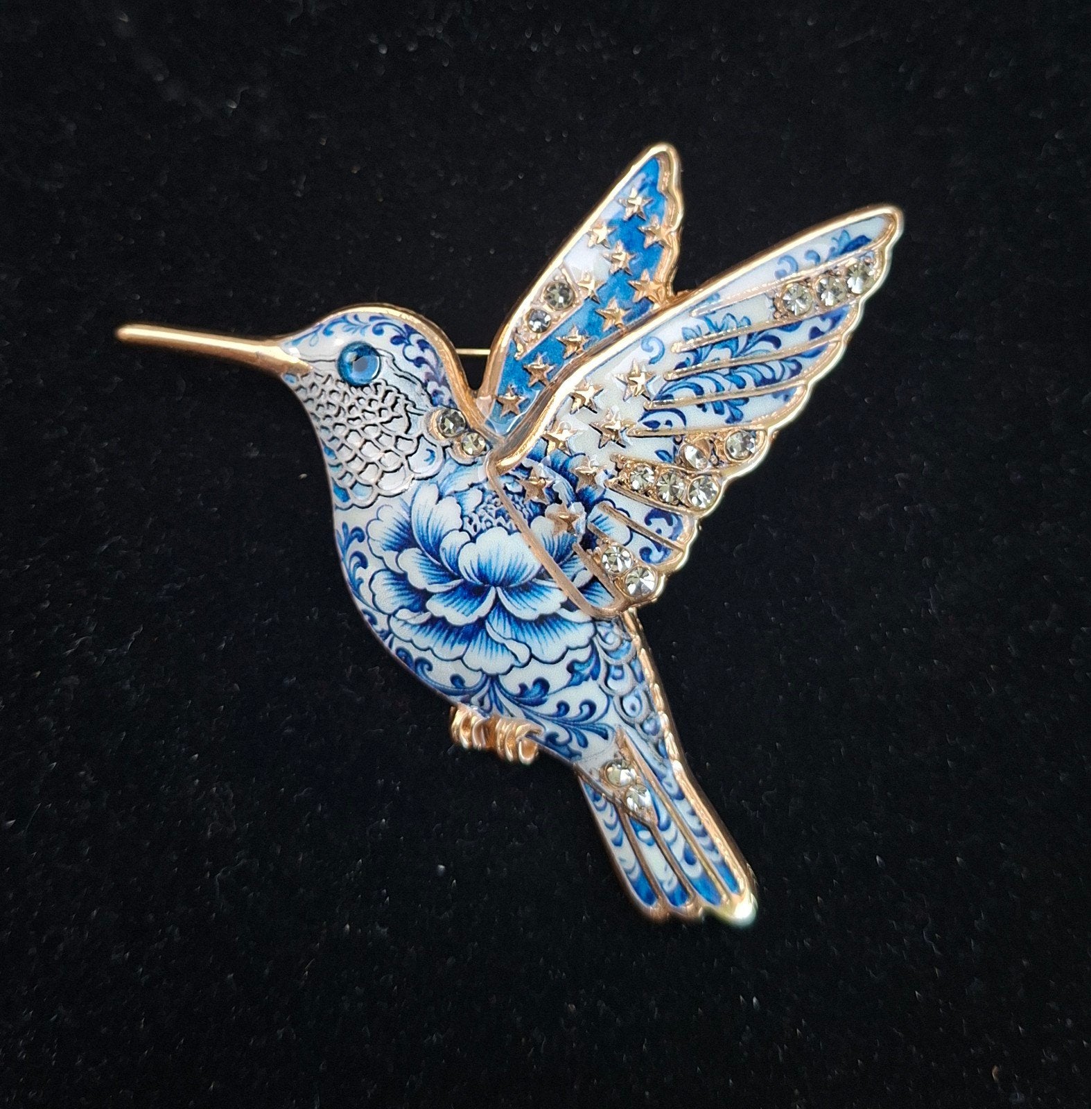 Prachtige Kolibrie Broche met strass en Emaille, Overige materialen, 4 tot 7 cm, Blauw, Nieuw