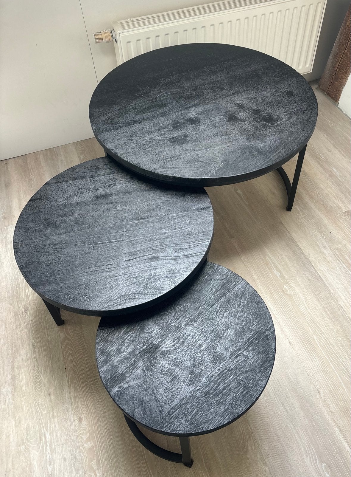 Set van 3 zwarte ronde tafeltjes, Gebruikt, Rond, 55 tot 75 cm, Ophalen