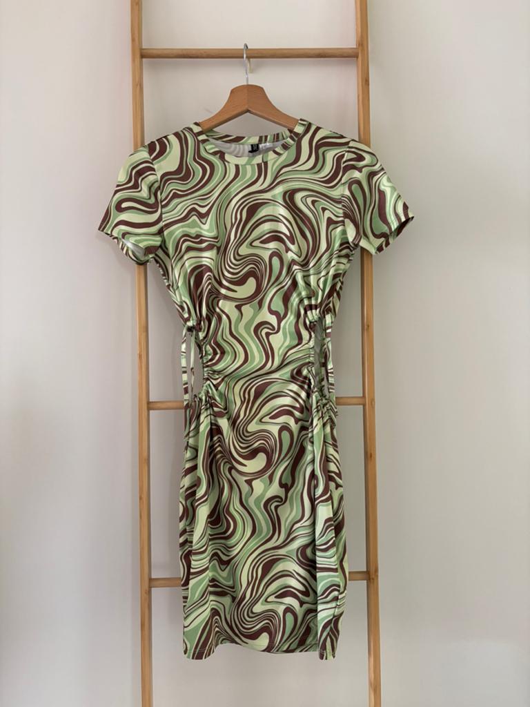 Groen/bruine zomerse jurk met print H&M, Ophalen of Verzenden, Zo goed als nieuw, Maat 36 (S), Onder de knie
