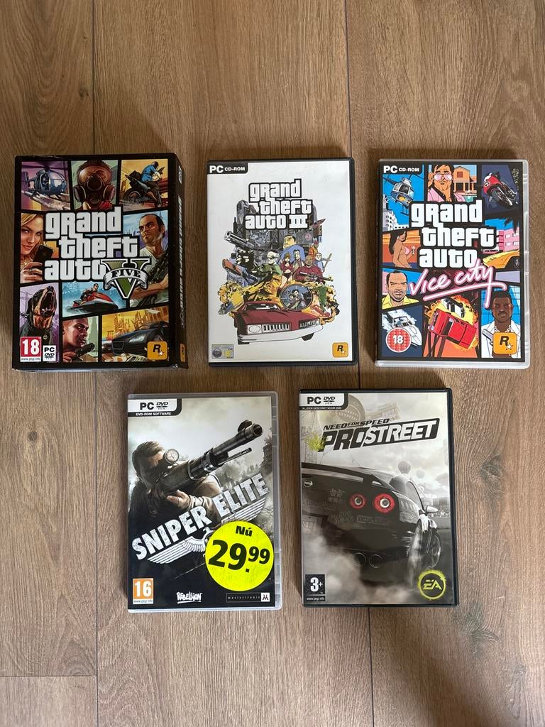 PC Games: GTA V, GTA III, Vice City, Sniper Elite, NFS ProSt, Spelcomputers en Games, Games | Pc, Gebruikt, Vanaf 18 jaar, Overige genres