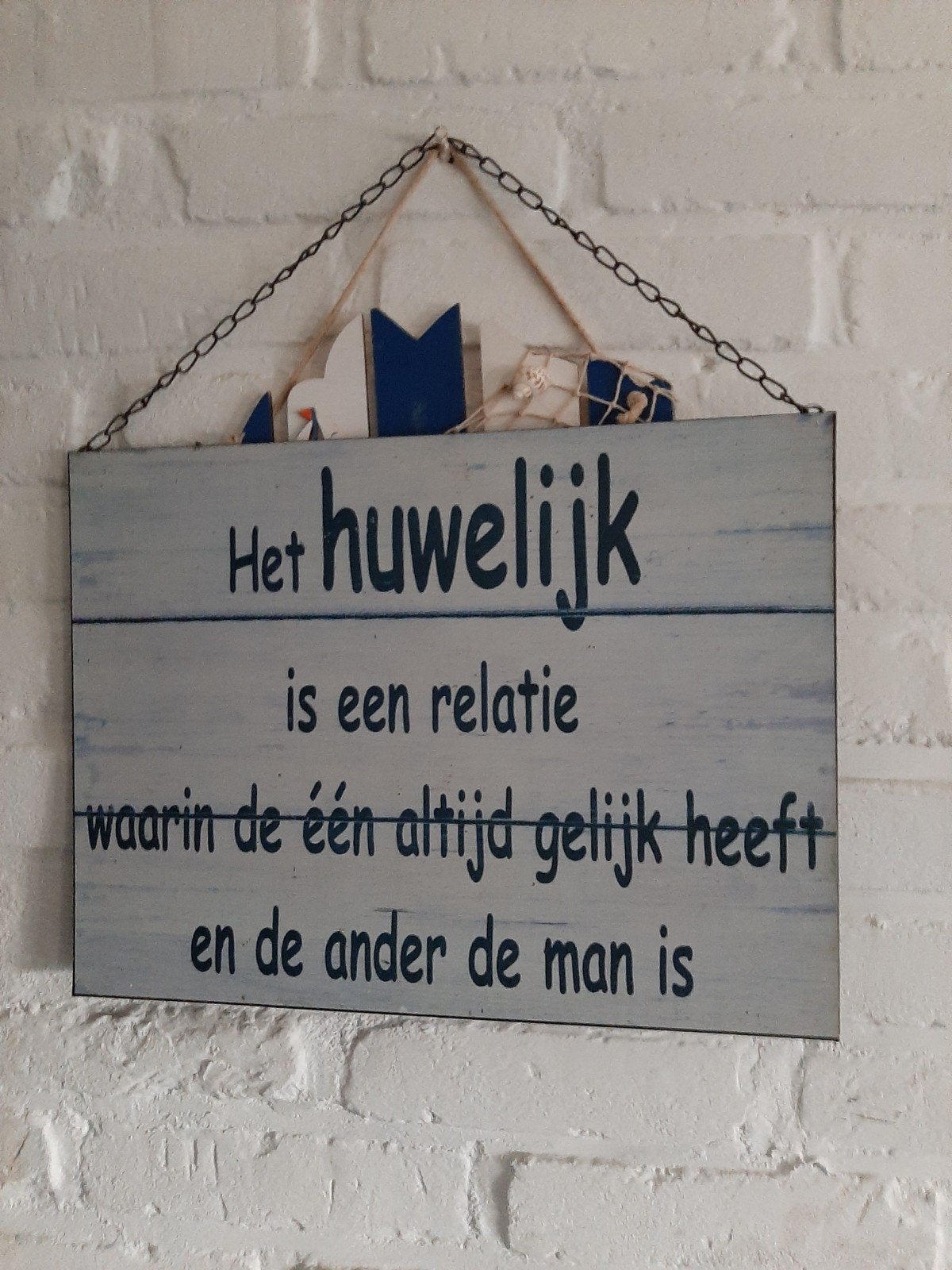 Leuk tekstbord 'Het huwelijk' in zeer nette staat, Hout, Meerkleurig, Ophalen of Verzenden, Landelijk