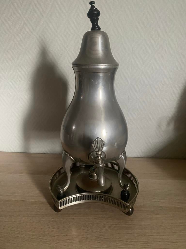 Antieke tinnen koffiekan met kraantje en dienblad, Antiek en Kunst, Ophalen of Verzenden