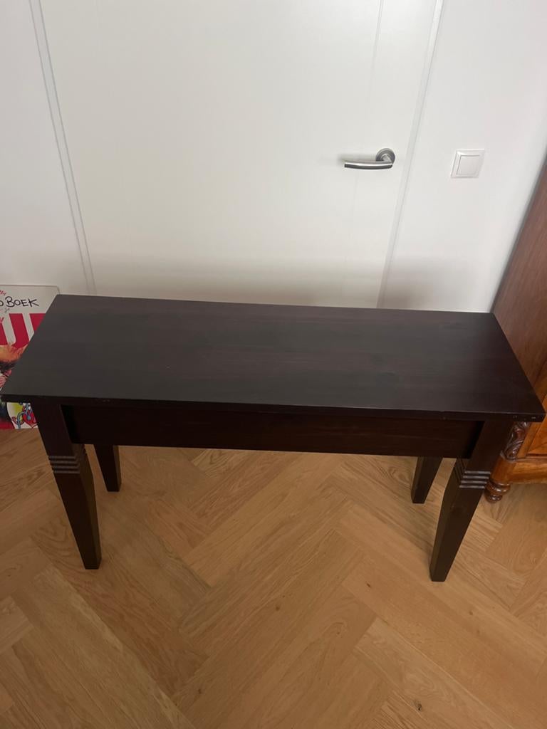 Donkerbruin houten side tafel met lade. 120x40x77cm., Gebruikt, 50 tot 100 cm, Ophalen of Verzenden, Rechthoekig