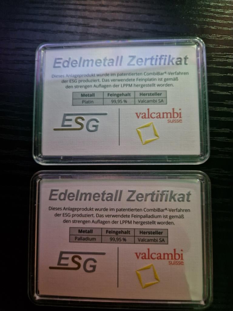 1 gram Palladium & 1 gram Platina set - Valcambi Suisse, Postzegels en Munten, Edelmetalen en Baren, Ophalen of Verzenden, Platina