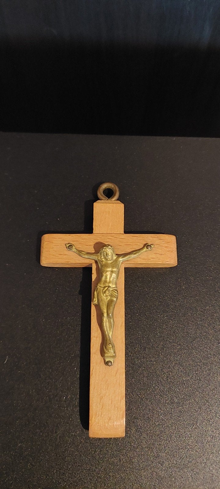 Antieke houten kruis met messing Jezus figuur, Ophalen of Verzenden