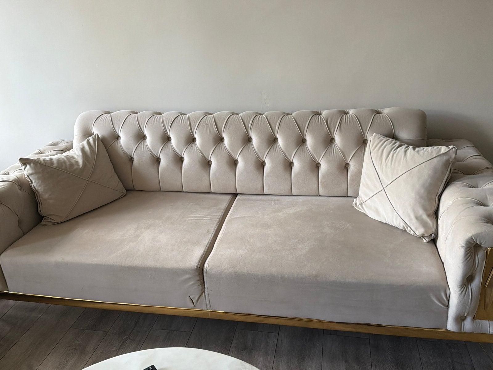 Luxe Chesterfield bank en fauteuils - Crème & Donkerblauw, Ophalen, 250 tot 300 cm, Driepersoons, 75 tot 100 cm