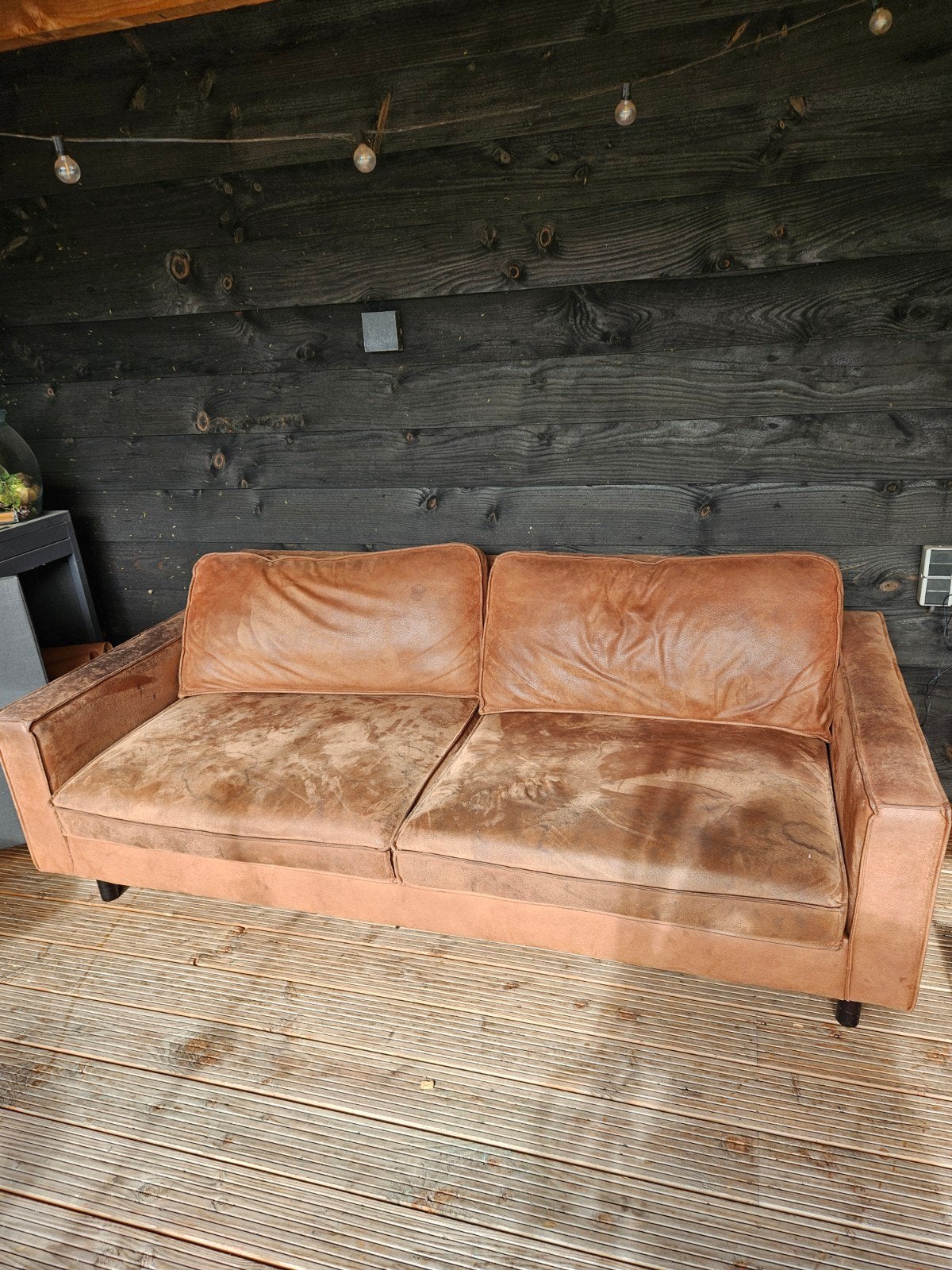 GRATIS Comfortabele bruine leren 2.5 zitsbank, Ophalen, Gebruikt, Tweepersoons, Rechte bank