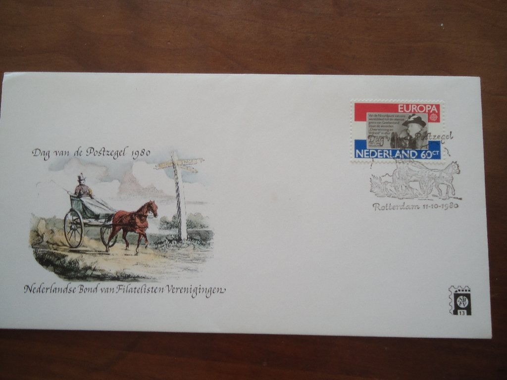 Paard en koets, Nederland 1980 dag van de postzegel, Ophalen of Verzenden, Gestempeld, Dier of Natuur