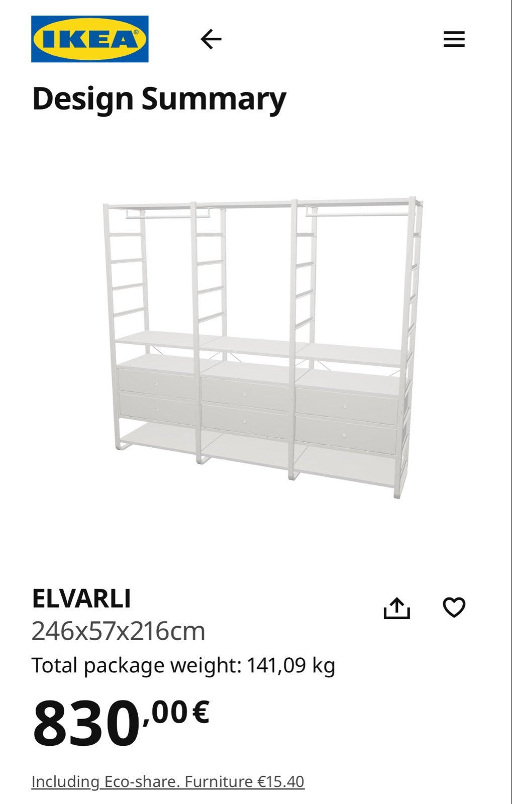 IKEA ELVARLI Open Kledingkast Wit - 246x57x216cm, Ophalen, 200 cm of meer, Zo goed als nieuw, Metaal