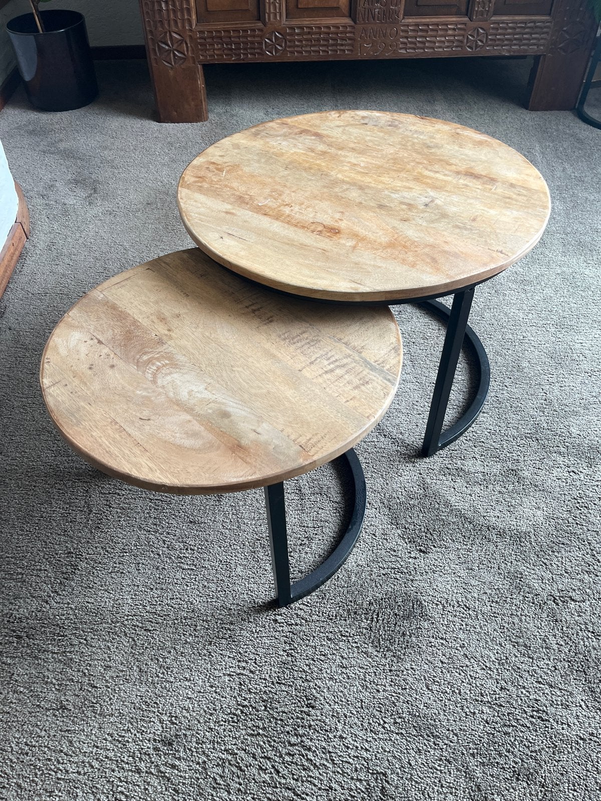Set van 2 ronde salontafels - Mangohout & Metaal, Ophalen, Minder dan 45 cm, Minder dan 55 cm, Gebruikt