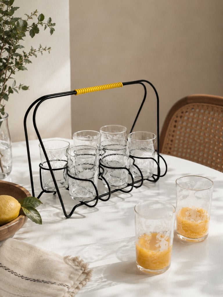 Vintage mid-century glazenhouder met 6 glazen jaren 60, Ophalen of Verzenden, Huis en Inrichting