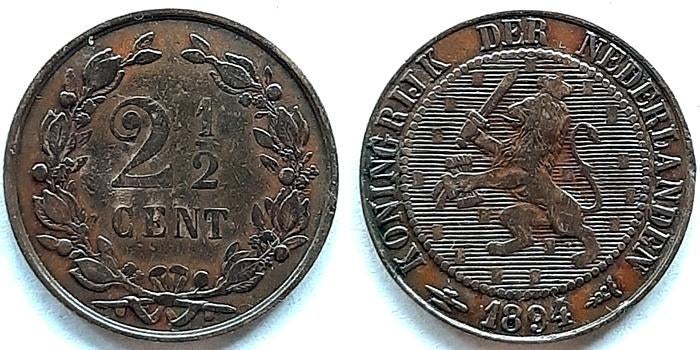 Schaarse 2 ½ cent 1894, Postzegels en Munten, Munten | Nederland, Verzenden, Koningin Wilhelmina, Overige waardes