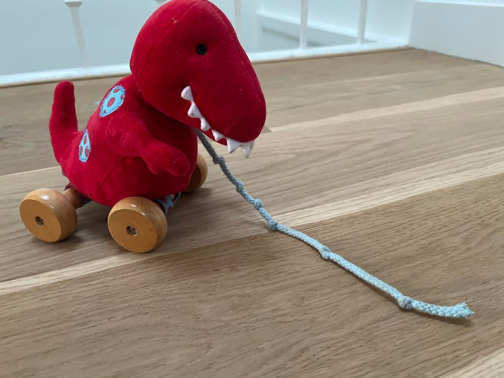 Leuke rode dinosaurus om te trekken, Ophalen of Verzenden, Gebruikt, Overige typen, Met wieltjes