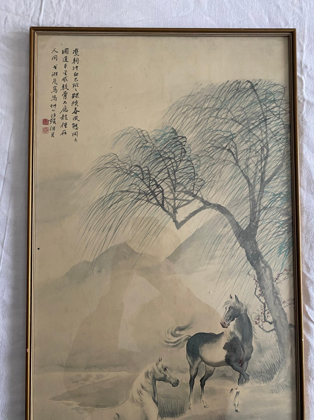 Chinees schilderij: Twee paarden onder een boom, Antiek en Kunst, Dieren, Ophalen of Verzenden, Gesigneerd, Papier