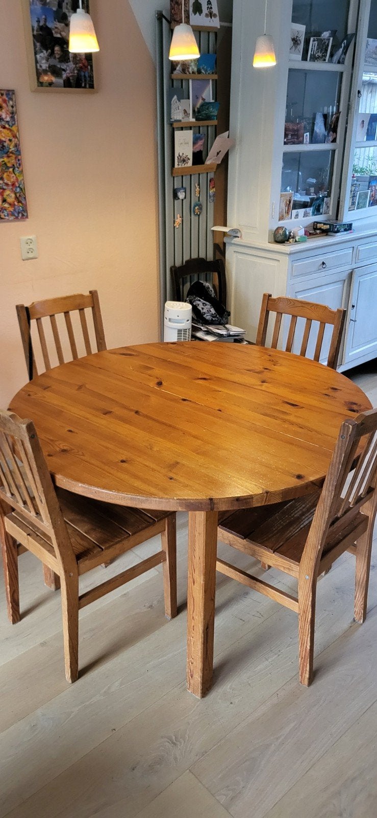 Vintage uitschuifbare eettafel + stoelen, Ophalen, Gebruikt, 4 tot 6 stoelen
