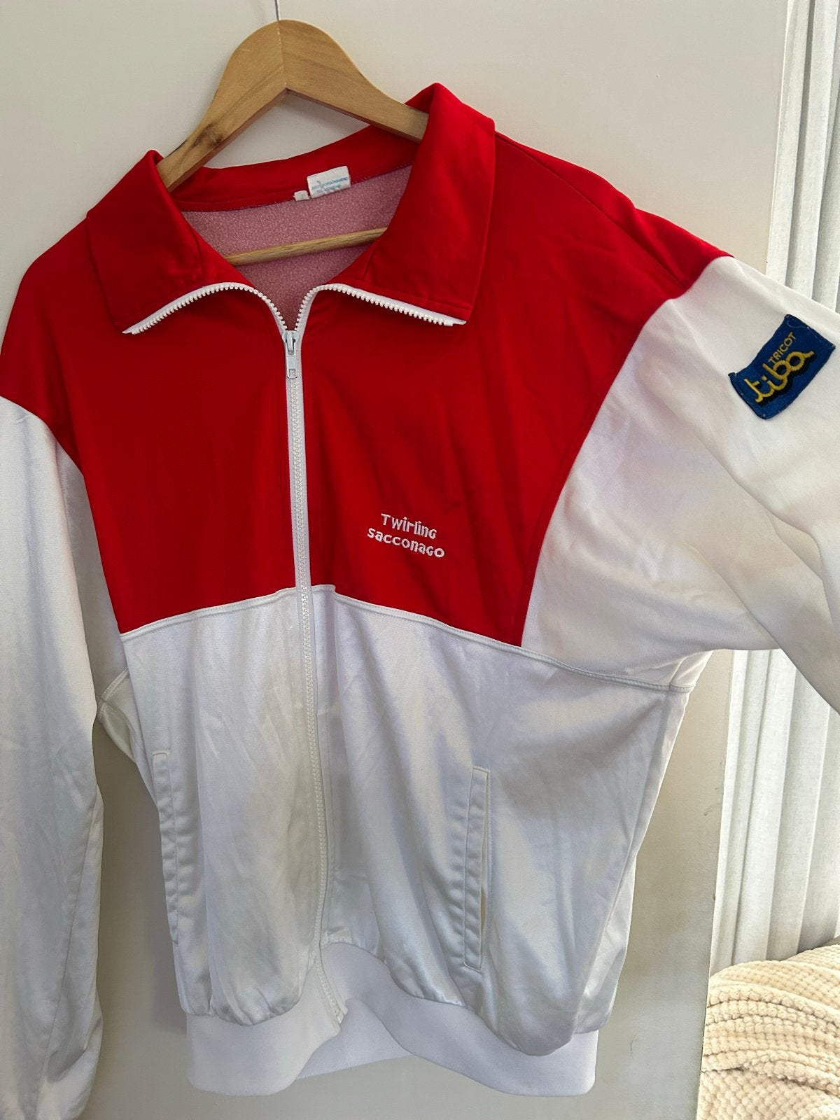 Vintage rood-wit Twirling Saccagnago jasje, Ophalen of Verzenden, Gedragen, Maat 42/44 (L), Rood