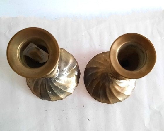 Paar vintage Kandelaars, verzilverd messing met Swirl-Motief, Overige materialen, Gebruikt, Ophalen of Verzenden, Kandelaar