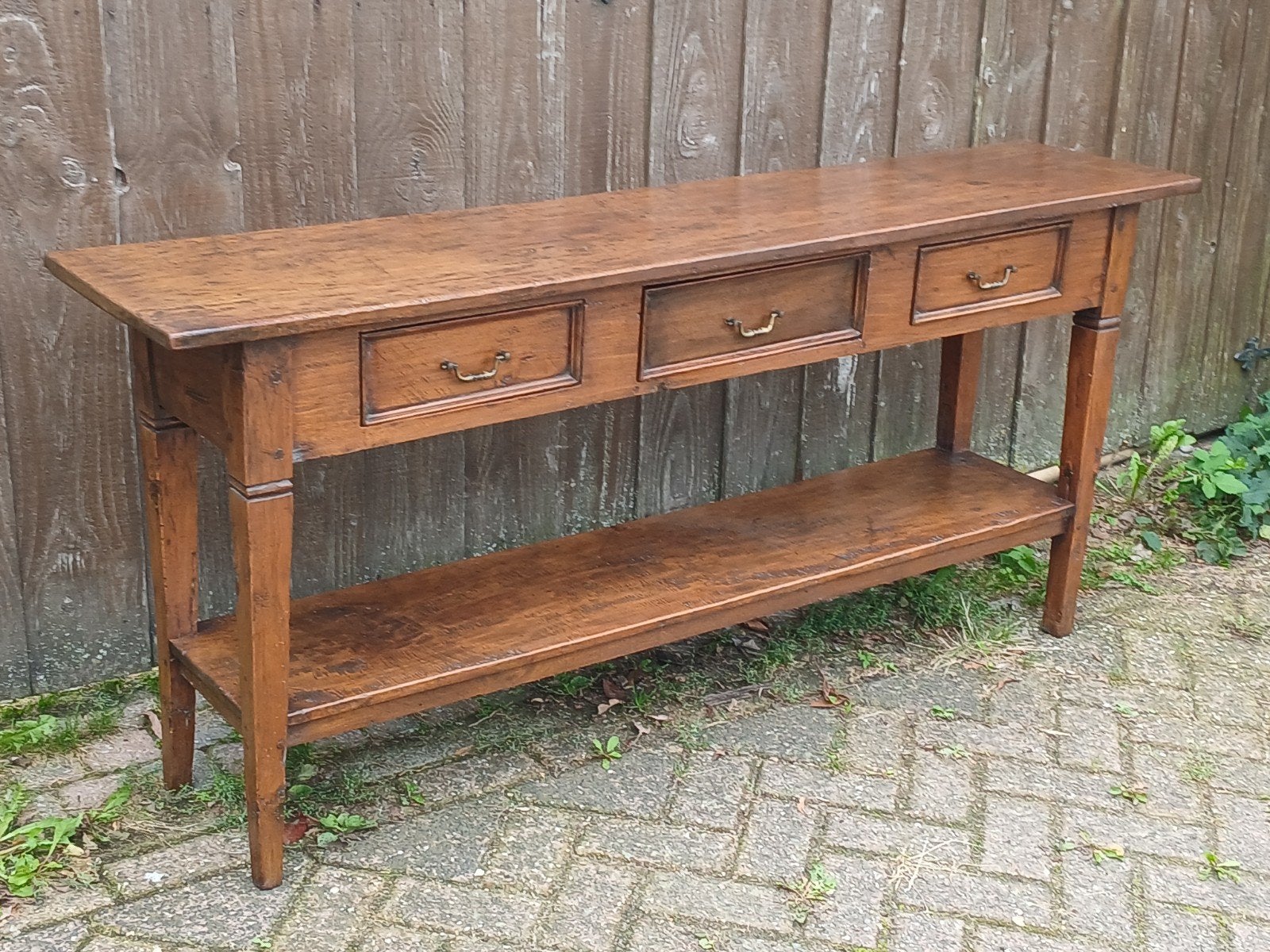 Antieke eikenhouten consoletafel met 3 lades en plank, Ophalen