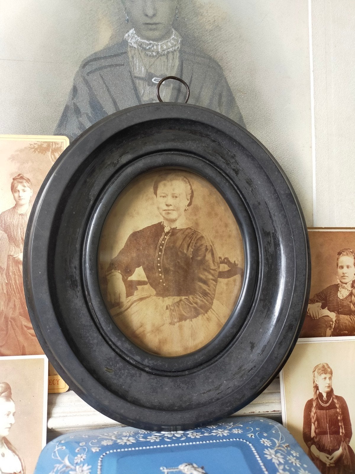 antiek rouw portret graf stuk marmer met graniet steen, Ophalen of Verzenden