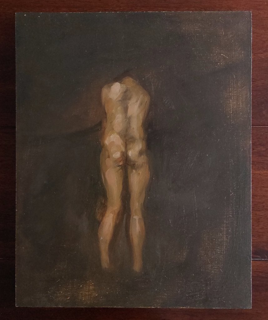 Olieverfstudie - Naakt op de rug gezien, Paneel, Portret of Personen, Ophalen of Verzenden, Olieverf
