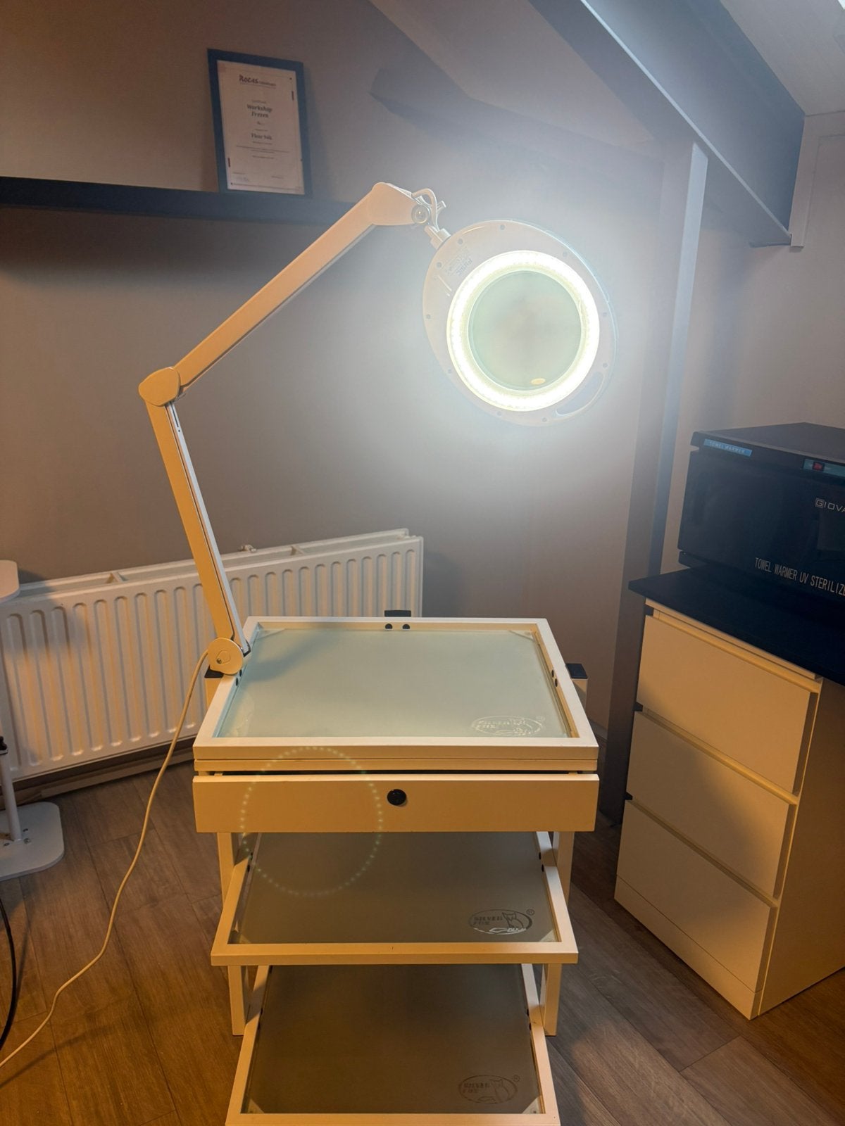 Verrijdbare pedicuretafel met loeplamp, Ophalen, Gebruikt, Loeplamp