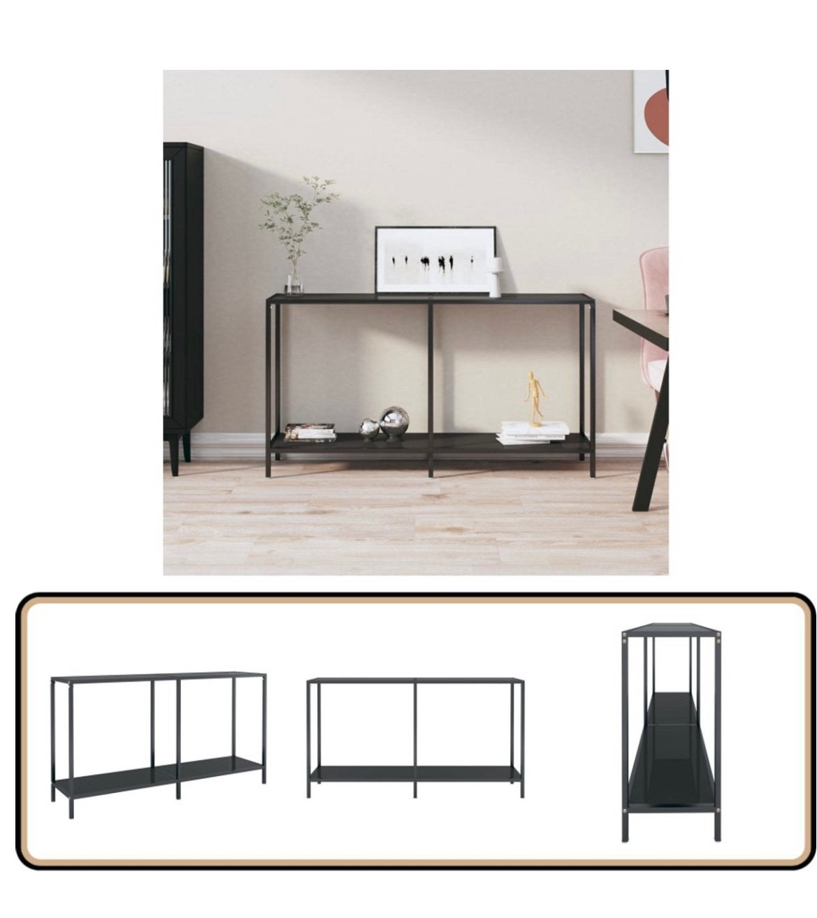 Zwart metalen bijzettafel met glazen platen, Ophalen, Gebruikt, Metaal of Aluminium, 75 cm of meer